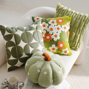 Luxury Green Floral Tufted Throw Pillow Set Cute Pumpkin <strong>Shaped</strong> <strong>Cushion</strong> with Embroidery <strong>Flowers</strong>, Soft Velvet Plush Fabric - Product Image 1