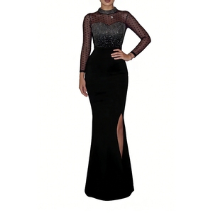 Vestido Largo de Malla con Pedrería para Mujer, Cuello Alto, Manga Larga, Vestido de Noche Formal, Vestidos de Moda para Mujer - Product Image 1