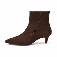 Bottines en daim marron foncé pour femmes, bout pointu, fermeture éclair intérieure, talon chaton 4 cm, fournisseur de mode OEM sous marque privée