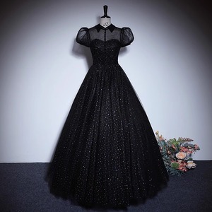 Black Evening Gown Empire Waist High Neck Ball Gown Polyester Formal Wear for Banquets and Events - Product Image 1