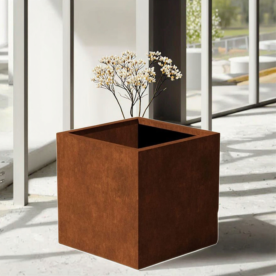 Modern Minimalist Square Corten Steel Outdoor Flower Pot With Rustic Finish Eco-friendly Garden Planter