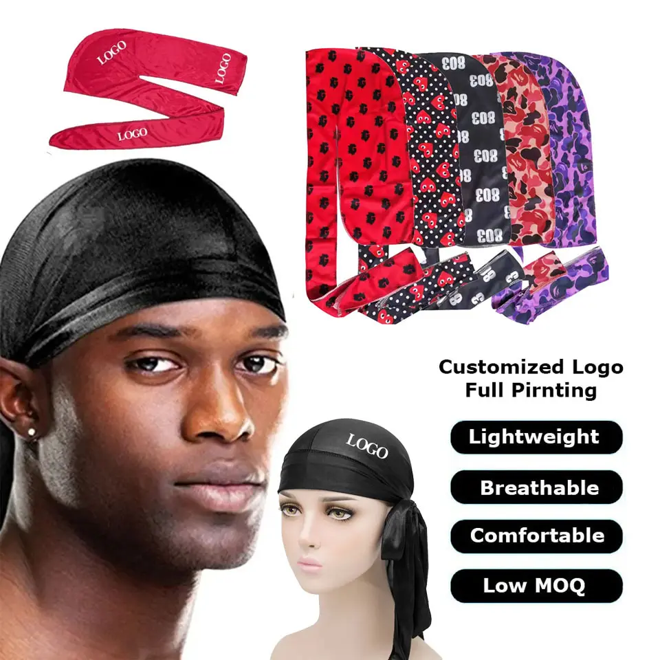 Personalizzato raso setoso poliestere onda Designer degli uomini durag Custom Durags Logo per gli uomini di seta durag