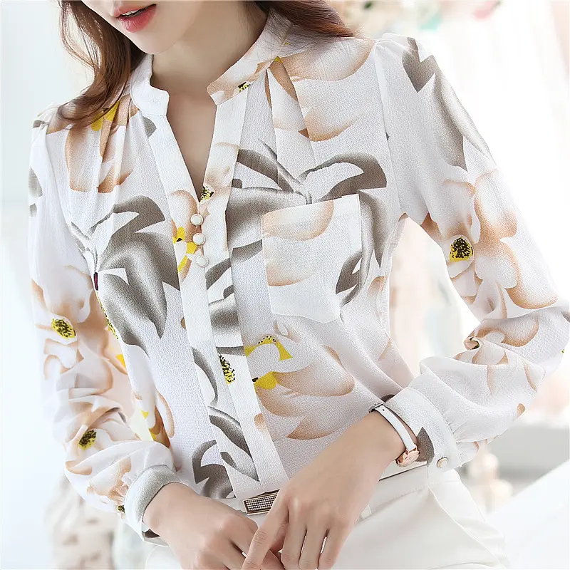 2022 Long Sleeve Floral Print Chiffon Blouse Shirt Tops Women V-neck Office Ladies Tops Blouse Women