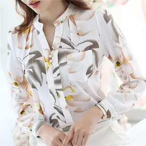 Blusa de chiffon estampada floral feminina, camisa blusa feminina manga comprida gola em v para escritório 2022