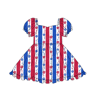 Vestido de verano para niña GSD3789 personalizado, con estampado de lazos coloridos, a rayas, de manga corta y largo hasta la rodilla, al por mayor - Product Image 3