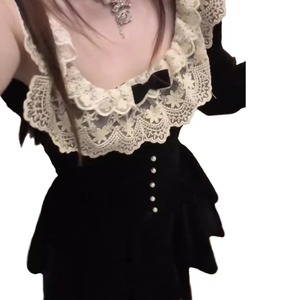 French Style Little Black Dress With Bow Scalloped Neckline Short Skirt Velvet Vintage Cocktail Dress For Spring Autumn Wear - Product Image 5