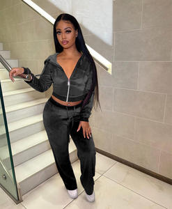 Ensemble de survêtement en velours pour femmes, sweat à capuche, haut court, <span class=keywords><strong>pantalon</strong></span> de jogging à cordon, ensemble deux pièces, <span class=keywords><strong>pantalon</strong></span> décontracté en velours pour femmes - Product Image 4