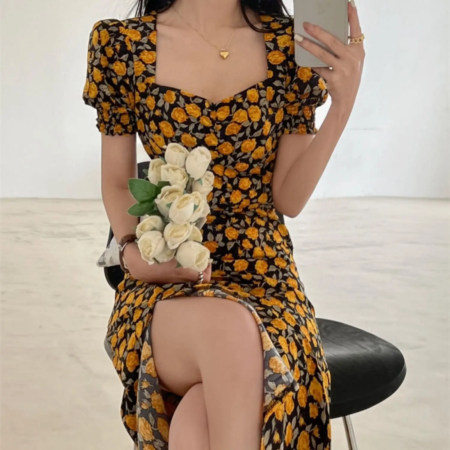 레트로 프랑스 코트 스타일 노란색 꽃 허리 퍼프 슬리브 드레스