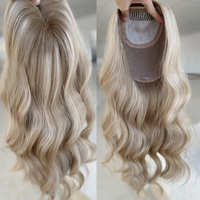 Topper juif en cheveux vierges européens de qualité supérieure, blond cendré avec mèches, ondulé, base en soie, à clipser, pour femmes souffrant de perte de cheveux