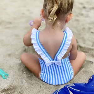小さなMOQカスタムプリントフリルボウ子供用ストライプワンピース水着女の子用スイカ水着子供用水着 - Product Image 1