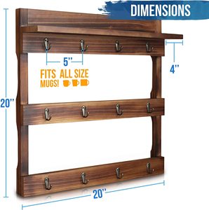 棚が付いている壁に取り付けられた素朴なマグラック12コーヒーカップハンガー木製のコーヒーマグディスプレイとコーヒー用の棚に組み込まれたオーガナイザー - Product Image 6