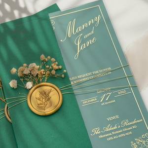 Luxury Elegant Acrylic <strong>Wedding</strong> <strong>Invitation</strong> with Envelope <strong>Antique</strong> Green Real Gold Foil Fair Part Marriage - Product Image 4