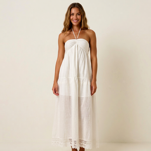 White Halter Strapless Midi Dress With Ruched Detail And Layered Hem Loose Fit Casual Summer Woven Cotton Dress - Product Image 1