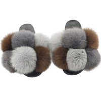 Nouvelles sandales de luxe 2027 KJ 2020 pour femmes avec pompons en vraie fourrure de renard, semelle EVA, pour l'extérieur, pantoufles tendance en fourrure naturelle de renard