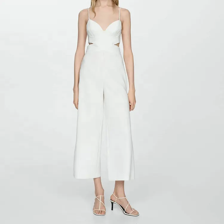 Fashion Women Summer New Linen Cotton Jumpsuit V Neck Cutout Spaghetti-strap Sleeveless Plain Color Bodysuit