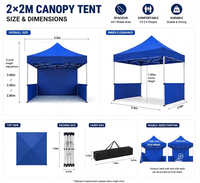 Tentes à armature en aluminium 2x2m pour événements, pieds diamantés de 40mm, 14kg, robustes, toile 600D PU imperméable, auvent pliant pop-up