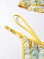 Ensemble soutien-gorge et culotte 2 pièces en maille transparente à fleurs jaunes pour femmes, de haute qualité, fourni par l'usine, écologique, contrôle de la lumière, armatures push-up