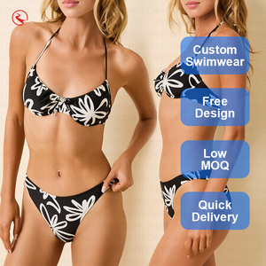 Custom Floral Print <b>Two</b> <b>Piece</b> Bikini <b>Set</b> Halter Neck Elastic Waist Spandex Polyester Swimwear Quick Dry Bodycon Design - Product Image 2