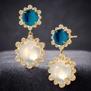 Pendientes de Plata de Ley 925 con Baño de Oro y Engaste de Bisel, con Topacio Azul y Piedra Lunar Arcoíris, Hechos a Mano, Regalo de Boda - Product Image 3