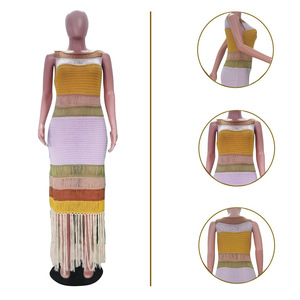 Herbst Sommer Frühling Ärmelloses Farbblock-Strickkleid Buntes Gestreiftes Langes Maxi-Kleid Sexy Bodycon Elegantes Lässiges Quastenkleid für Damen - Product Image 2