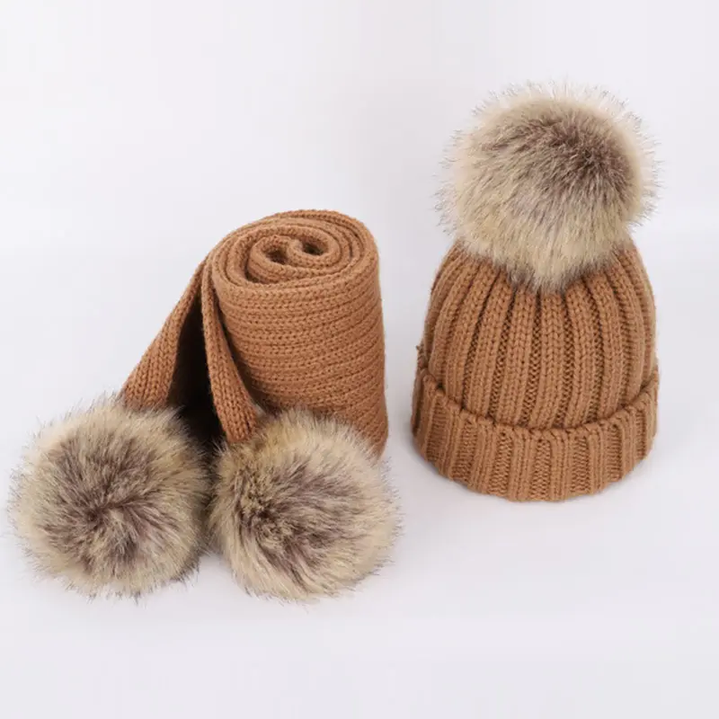 Fur Ball Kids Winter Hat Scarf Set Knitted Warm Baby Beanie Children Cap Pom Pom Baby Boy Girl Accessories 2-8Y