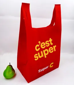 सुपर सी सुपरमार्केट के लिए कस्टम अल्ट्रासोनिक डी कट गैर-बुना फ्लैट इस्त्री बॉटम टी-शर्ट टोट शॉपिंग बैग डब्ल्यू-कट बनियान पुनर्नवीनीकरण बैग