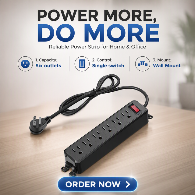 ETL Listed Mountable Wall Mount Surge Protector Power Strip 6 Outlet with Switch and Flat Plug 800J for Home Office PC