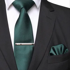 豪华8厘米纯色真丝领带和口袋方形领带夹套装男士金色蓝色绿色