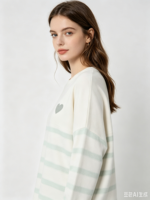 Pull en tricot rayé à col rond pour femme, style européen, avec broderie cœur, coupe ample, manches longues, décontracté, pour le quotidien