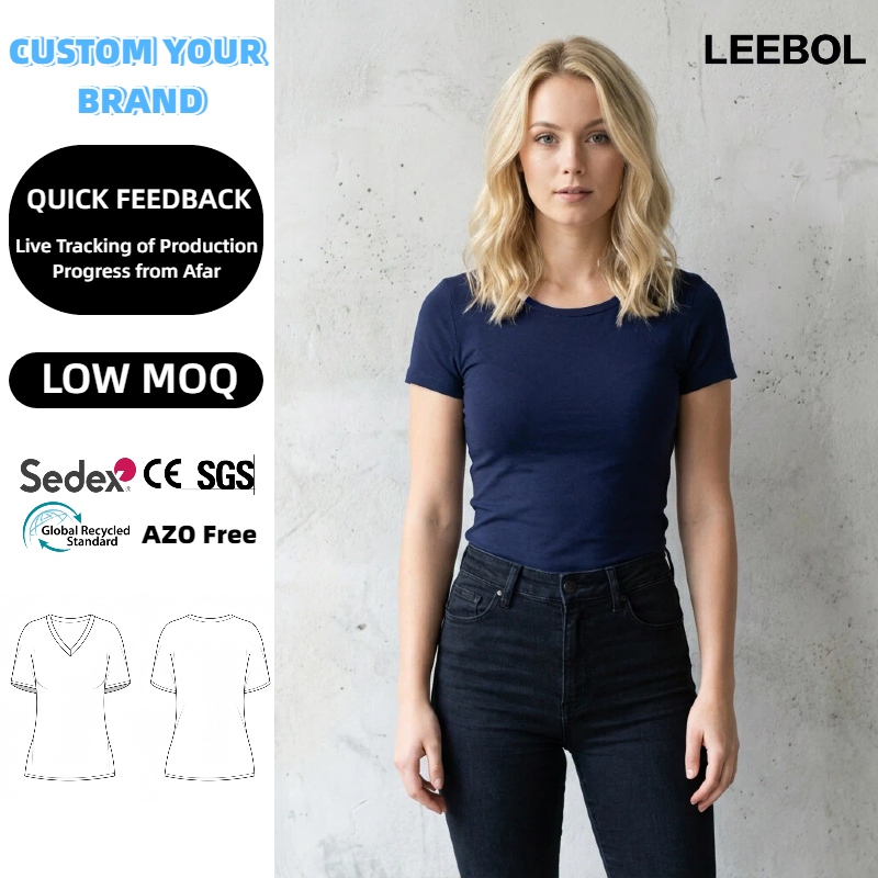 Navy Elastic Plain Round O Neck Slim Fit Crop Hollow Out Custom Graphic Printing Women 180G T-Shirts for Ladies
