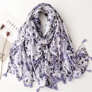 Scarf Women's Summer Seaside Sunscreen Ethnic Style Beach Shawl Scarf Navy Blue Floral Tassel Air Conditioning Scarf