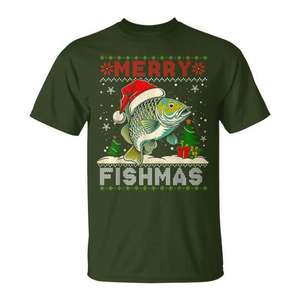 Camiseta navideña de pesca con estampado de pez carpa, estilo Merry Fishmas - Product Image 1