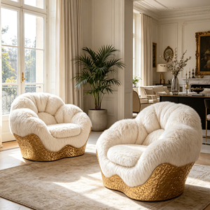 <span class=keywords><strong>Fauteuil</strong></span> lounge individuel de luxe en <span class=keywords><strong>fourrure</strong></span> <span class=keywords><strong>blanche</strong></span> moelleuse, base en fibre de verre texturée dorée, <span class=keywords><strong>fauteuil</strong></span> d'appoint en forme de nuage pour salon - Product Image 2