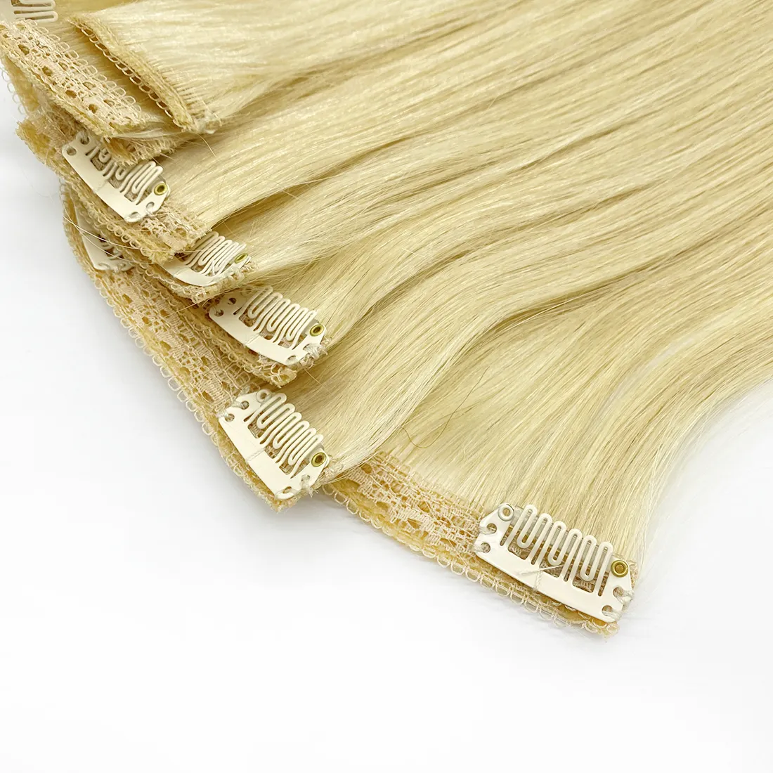 도매 전체 머리 클립 Ins 세트 최고 자연 레미 100% 인간의 머리 금발 클립 머리 확장 화이트 여성