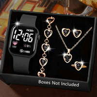 Ensemble de 6 pièces de montres électroniques tendance, collier, boucles d'oreilles et bague pour adolescents, garçons et filles