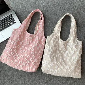 Fairy Simple Design Custom Embossed Printed Flower Lace Canvas Cotton Floral Summer Handbags Tote Shopping Shoulder Bags