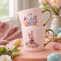 Vente en gros de tasse en céramique rose avec logo personnalisé pour café au lait, tasse à eau en porcelaine pour cadeaux d'affaires de Pâques populaires