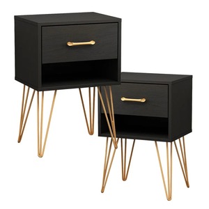 Unique Nightstand Black Wood Pair <b>Night</b> <b>Stand</b> Bedside Table with Gold Metal Legs - Product Image 1