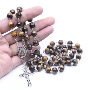 <span class=keywords><strong>Collana</strong></span> di <span class=keywords><strong>rosario</strong></span> di gioielli da <span class=keywords><strong>uomo</strong></span> con croce cattolica di gioielli religiosi con catena di perle di occhio di tigre naturale - Product Image 1