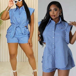 T123 verano nueva llegada <span class=keywords><strong>ropa</strong></span> de mujer Turn Down Collar sin mangas Tops y pantalones cortos conjunto moda camisa a rayas mujeres conjunto de dos piezas - Product Image 1
