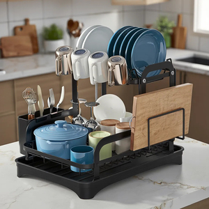 Escurridor de platos cuadrado negro de 2 niveles, contenedores de almacenamiento de despensa de cocina, estante de secado, estante grande para platos con escurridor - Product Image 2