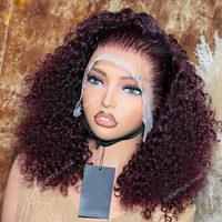 Vente en gros 99J rouge doublement dessiné frisé 13x4 hd dentelle frontale perruques cheveux humains dentelle frontale brésilienne cheveux humains courts Bob perruques