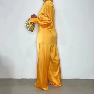 Nữ lỏng rắn Tops hai mảnh trang phục giản dị dài tay áo sơ mi thẳng quần phù hợp với 2025 thanh lịch satin của phụ nữ phù hợp với bộ - Product Image 2