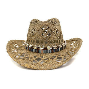<span class=keywords><strong>N171</strong></span> Chapeau de cowboy de plage tressé à la main, creux et respirant, en paille naturelle avec décoration en coquillage, personnalisable en usine - Product Image 1