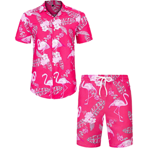 Camisa Hawaiana Casual para Hombre con Estampado de Flamencos, Personalizada, de Manga Corta, Cierre de Botón, Nueva, Conjunto de Dos Piezas para Playa de Verano - Product Image 1