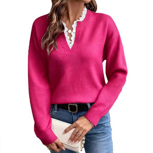 Pull en maille pour femme, style automne-hiver 2026, nouveau style, dentelle, col en V, couleur unie, ample, manches longues - Product Image 3