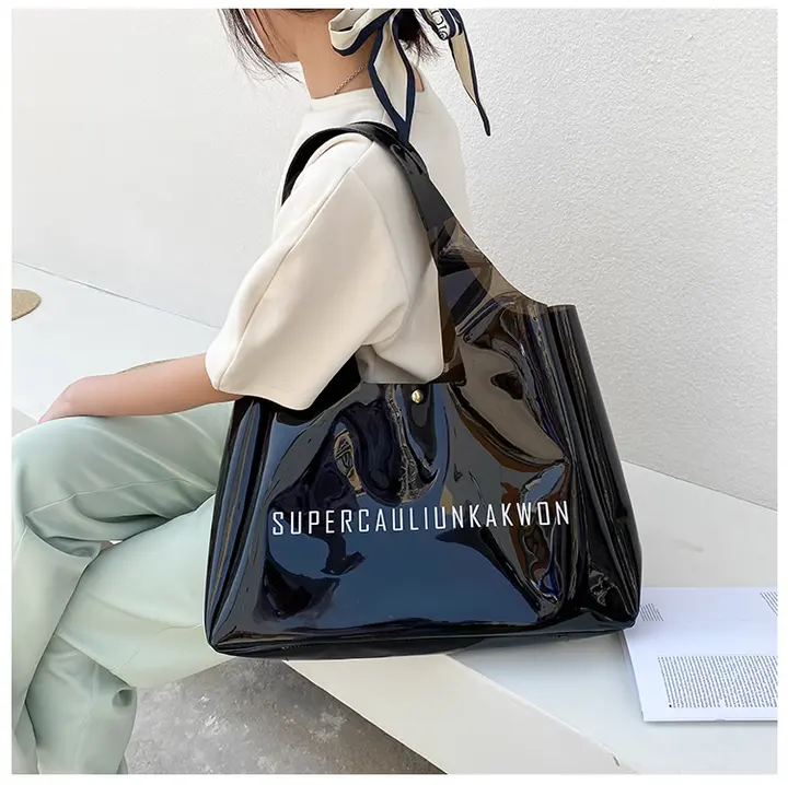 Wholesale Solid Color Waterproof Large Custom Beach Bags Print Logo Transparent Pvc Shopping Clear Tote Bag With Button