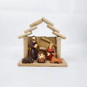 Christmas Nativity Set with Wooden Stable and Polyresin Figurines