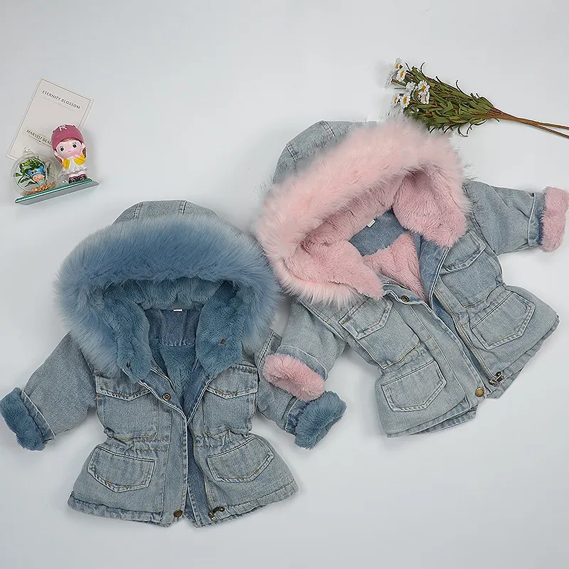 Nieuwe Peuter Jas Jas Kids Baby Meisjes Hooded Faux Fur Fleece Warme Dikke Denim Jas Uitloper Kind Mode Winter Warm kostuum