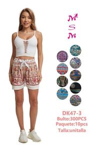 Shorts d'été pour femmes en coton et bambou imprimé style bohème, taille mi-haute, avec cordon de serrage, coupe droite, respirants et tricotés - Product Image 1